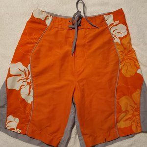 Mens board shorts 34 waist, orange/grey/white floral design